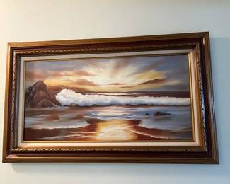 #48	original print of beach with waves crashing on rocks by L. McGivney	 $75.00 
