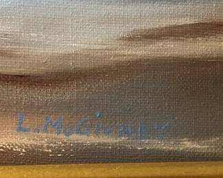 #48	original print of beach with waves crashing on rocks by L. McGivney	 $75.00 
