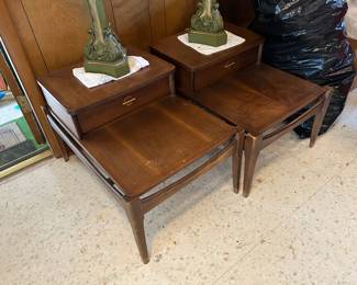 #65	pair of step mc end tables, 22x31x20 $100.00   #66	 mc green ceramic lamp, 42 inches tall	 $100.00 			

