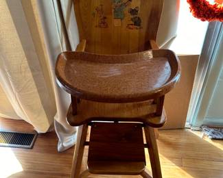 #4	vintage wooden highchair with plastic tray 39 inches tall	 $25.00 
