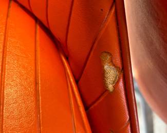 #61	pair of orange barstools Chromcraft interior furnishings by Chromcraft, as is-arm, 24 inches tall, 24 inch base	 $175.00 
