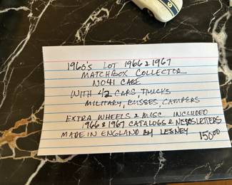 #106	1960s Lot 1966& 1967 Match Box Collector NO 41 Case w/42 cars Trucks, Military, Busses, Campers Extra Wheels & Misc. Incl. - 1966 & 196 Catalogs & Newsletters Made in England by Lesney	 $150.00 
