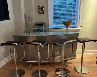 Interesting bar and 4 Bar Stools (no labels - Client says purchased at Baker)
Bar 70" x 20" x 41 3/4