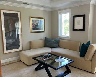 Custom made sofa (matching section in another photo) covered in Sunbrella fabric and coffee table