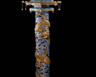 Qing Dynasty - Qianlong Period Mark - Gilt Bronze and Cloisonne Palace Incense Burners, with pierced column with entwined dragon, comes in 4 sections. Part of a match pair to Lot# 009M. The blue enamle ground, with gilt bronze accents, favored in the Qianlong Period, are vibrant and intact.

Another rare and exhilarating antique from the massive private museum estate. These censers are tall, striking, and evoke images of the ceremonies that they once graced. Very exciting and important relics.
H: 159, W: 48, POST D: 61.5. BASE D: 105