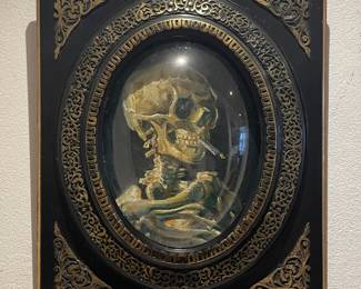 This very rare wooden 19th century Napoleon ||| frame with intact glass accompanies Van Gogh’s smoking skull making it a beautiful and unique decorative object.
At that time (1886) Van Gogh couldn't know the dangers of smoking. His joke was simply that skulls don’t smoke. It was his way to show the teachers at the academy in Antwerp that he preferred emotion to technique.
In Antwerp Van Gogh had clearly studied anatomy carefully as well though. A step in his development as a painter. Next step would be influenced by impressionists in Paris.
The frame is in very good condition with some signs of aging.
Frame: 40 x 34,3 cm / 15.7 x 13.5 inch
Painting: 23,5 x 17,5 cm / 9.3 x 6.9 inch
