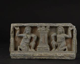 Carved Greenschist Stone Panel from the ancient Gandhara Civilization of the Swat Valley in Pakistan, depicting figures of Atlas - 4th Century BCE 
Dimensions:Height:14cm Length:27cm 