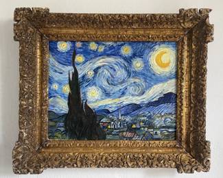 ‘Starry Night’ Vincent van Gogh  post-impressionism replica. 

Dutch master painter Nard Kwast replicated Van Gogh’s masterpiece to perfection. The colors, the brushstrokes, the unpainted parts of the canvas are exactly like the original and capture Van Gogh’s essence. hand-painted in oil on linen canvas. Frame: The 300-year-old Louis XV style Italian frame misses some parts after all the years that it survived, but has gained even more character in time! Frame consists of wood, stucco, gold leaf. A mind blowing idea to realize this frame was already 150 years old when Van Gogh painted Starry Night.  Painting size: 26,6 x 34,5 cm / 10.5 x 13.6 inch Frame size: 41,4 x 50 cm / 16.3 x 19.7 inch Frame depth: 5 cm / 2 inch