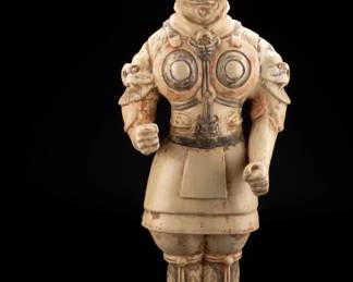 Lokapala Tomb Figure
A wonderful Chinese pottery tomb figure from the Tang Dynasty (618 to 907). Guarding a dignitary or decorated soldier; these figures stood guard for over a thousand years surviving to decorate your home collection of ancient artistic and cultural artifacts. Original Polychromed red and gray paint pigments still present.

Chinese Buddhist guardian statues made of earthenware and pigments, from the Tang Dynasty (618–907 AD), dated to the late 7th to first half of the 9th century.

Originating in the Lokapala deity of the Buddhist religion, which came to China from the West, this type of armored tomb guardian had an apotropaic function in Chinese burials.

Dimensions:Height:72cm Width:24cm