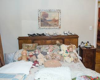 Art above the bed: Summers End print by~ Portfolio Salinas (21"l x 16"): $60.00. 19th Century Antique Victorian burled walnut wood queen size headboard: $720.00. Queen mattress and box springs with metal railings: $80.00 All. Pillows: $3.00 -$48.00. Dolls: $10.00 -30. Chenille speeds, crocheted spreads... $20.00 1 $280.00