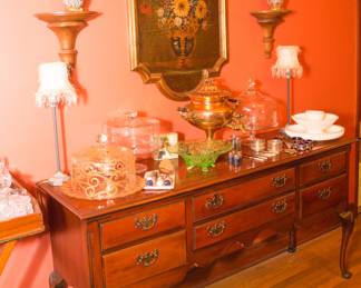 Antique buffet Queen Anne style (35"h x 68" w x 20"d) 6 drawers ( marked Lot 509, stamped H. Board): $600.00