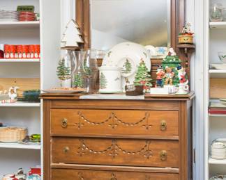 Antique dresser w/beveled mirror and marble inset, wood has carved detail (69"h x 38"w x 17.5"d): $380.00 (as is)