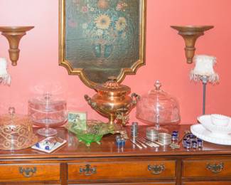 Vignette: $9.00 - $200.00. Antique 19th century English red copper bras hot urn: $200.00 Antiqued gilt frame still life print: $185.00