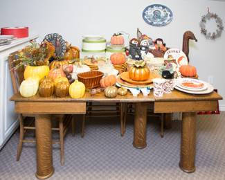 Antique 5 Pedestal oak table (28"h x 62"w x 44"d): 4 leaves at 10" ea. $800.00. All things Thanksgiving: $3.00 -$40.00.
