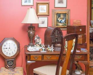 Vignette priced from: $4.00 - $700.00. Queen Anne secretary writing desk w/original pulls and 3 drawers (29"h x 42"w x 22"d): DESK IS SOLD!