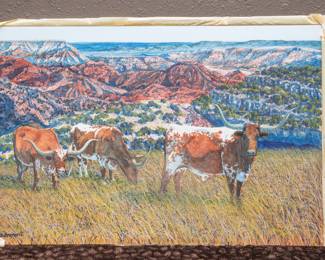 "Longhorns & Palo Duro Canyon" ~ signed Original Water Color by George Boutwell (19"l x 29"w): $3,200.00