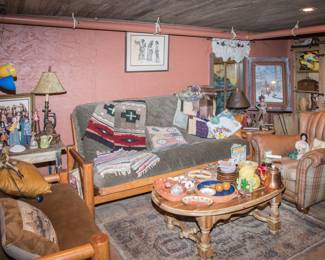 Log cabin style full futon w/side chair: $580.00. Pine coffee Table: $88.00. Awesome leather and upholstered side chair: $250.00. Navajo blanket runners: $40.00- $90.00