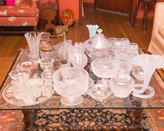 MCM American twist carved wood coffee table (16"h x 44" squared): $1500.00 Crystal and glassware on table top: $4.00 - $80.00.