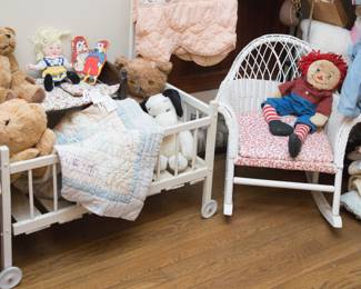 Vtg. doll crib: $38.00. Vtg. child's wicker and rocker: $38.00