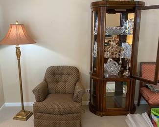 Chair, Lamp, Curio Cabinet & Cut Glass