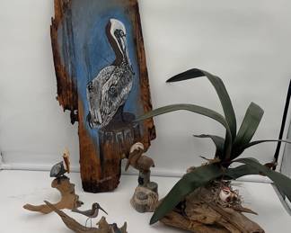Driftwood With Silk Plant, Pelican Painted On Wood, Pelican On Driftwood, Birds On Driftwood