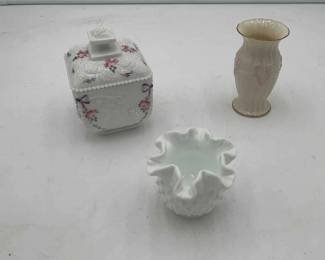 Belleek Georgian Shell Pink Vase, White Milk Glass Hobnail Vase, Westmoreland Milk Glass Puff Box
