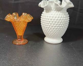 Hobnail Amber Milk glass vases with Ruffle top