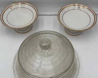 Cut glass cake plate and ceramic cake stands