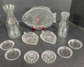 Anchor Hocking Fish Plate And Glass Coasters , Glass Milk Bottles, Anchor Hocking Grape Dishes