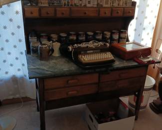 Antique Farmhouse Hutch with lead countertop. German beer stein collection.