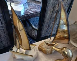 Brass and marble nautical sail ships sculptures