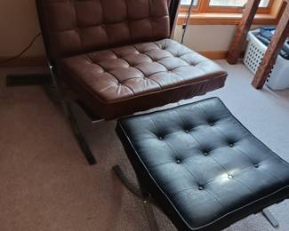 Reproduction mid-century modern Barcelona chair and ottoman