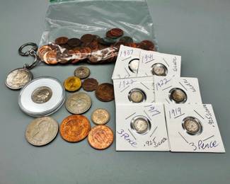 1917, 1919, 1922 3 Pence Silver Coins and Misc Lot