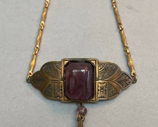 Vintage Purple Glass Brass Lavalier Art
Deco Style Necklace