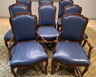 Set of 8 French Provençal Lewis Mittman Dining Chairs in a Donghia “Tournier” Blue Leather Upholstery 