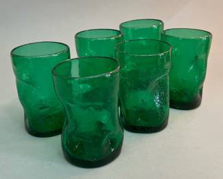 Vintage Mid Century Modern Pilgrim Glass Green Dimple Crackle Tumblers, Blenko Style
