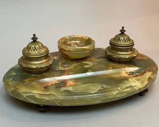 Vintage French Green Alabaster Double Inkwell with Pen Slot