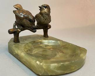 Patinated Bronze Birds on Green Onyx Coin /Trinket Dish