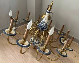 Large Delft Blue & White Porcelain Brass Chandelier (as is)