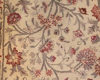 Rug #6 100% wool pile 3'x 5' Made in India, cream background, Greens and red, in kitchen