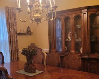 Century Dining Table with 10 cane back drop upholstered chairs