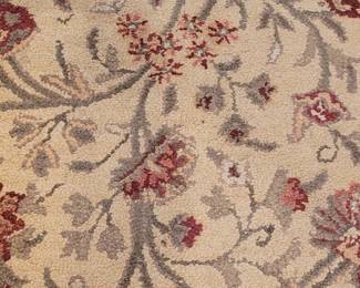 Rug #6 100% wool pile 3'x 5' Made in India, cream background, Greens and red, in kitchen