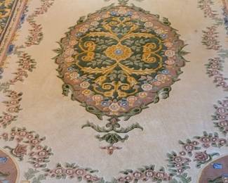 Rug #1 Chandella 100% pure new wool pile 11' 10" x 9', Ivory with Caledon green, blues, pinks.  A Kumar product. In Formal Living Room