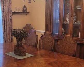 Century Dining Table with 10 cane back drop upholstered chairs