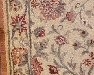 Rug #6 100% wool pile 3'x 5' Made in India, cream background, Greens and red, in kitchen