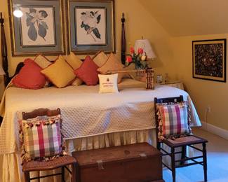 Bedroom with King Size headboard, mattress, and boxspring, antique chest & chairs