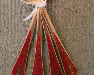 Vintage red enamel brass Thailand set of 4 spoons