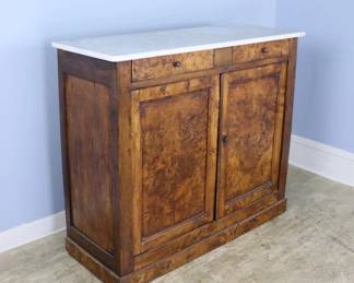 Lot 386 Antique Burr Poplar Buffet with White Marble Top.