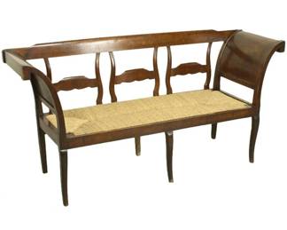 Lot 49 Antique Carved French Walnut Bench, Rush Seat.