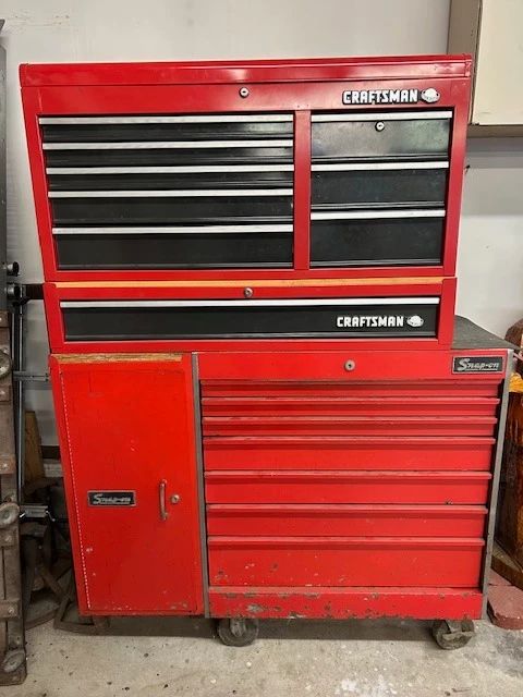 Both tool chests have keys and roller bearing drawers. Craftsman. Snap - On.